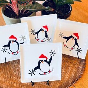 Pottery Barn Appetizer Dessert Plates Christmas Penguin
